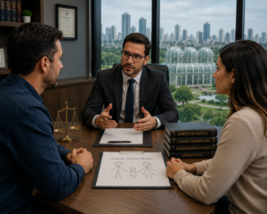 Pais conversando sobre guarda compartilhada com advogado em Curitiba