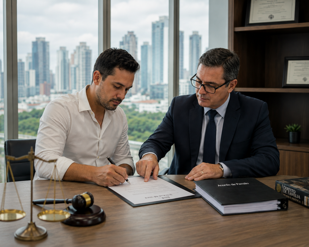 Pai assinando acordo de pensão alimentícia com advogado em Curitiba