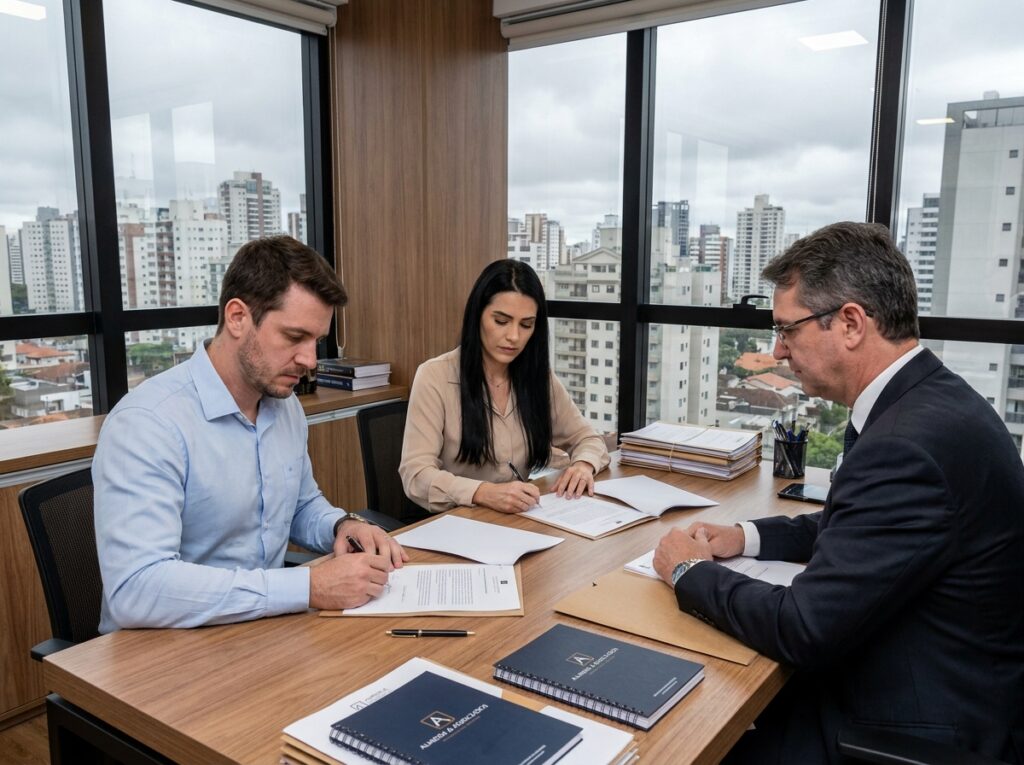 Casal assinando documentos de divórcio em Curitiba com advogado especializado