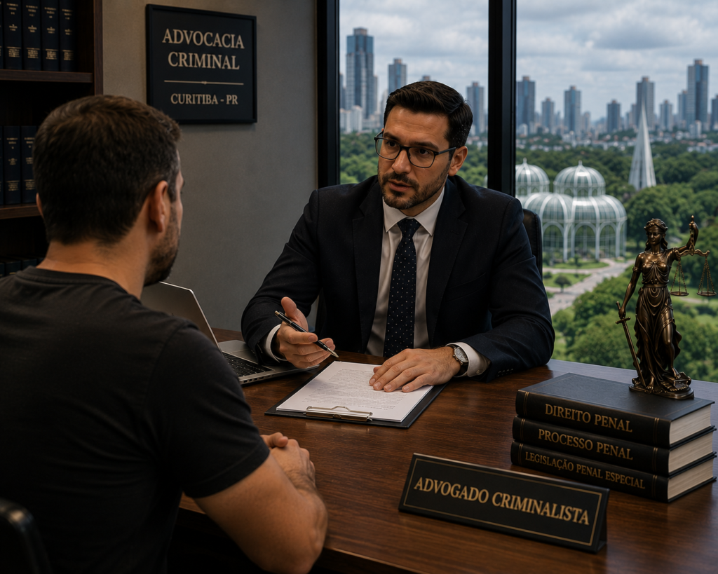 Advogado criminalista atendendo cliente em Curitiba