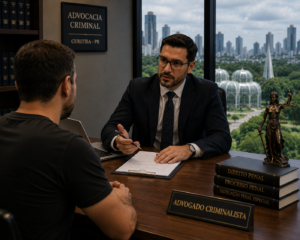 Advogado criminalista atendendo cliente em Curitiba