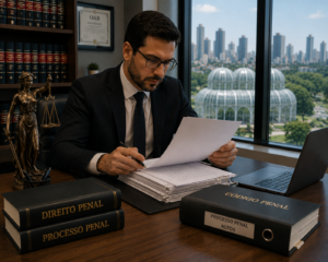 Advogado analisando documentos do processo penal em Curitiba