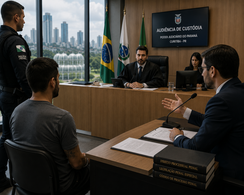 Juiz, promotor e advogado em audiência de custódia em Curitiba