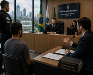 Juiz, promotor e advogado em audiência de custódia em Curitiba