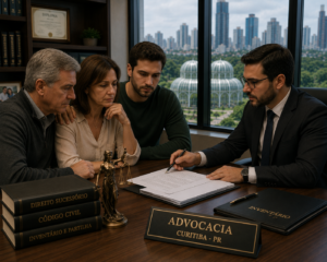 Família reunida com advogado para organizar inventário em Curitiba