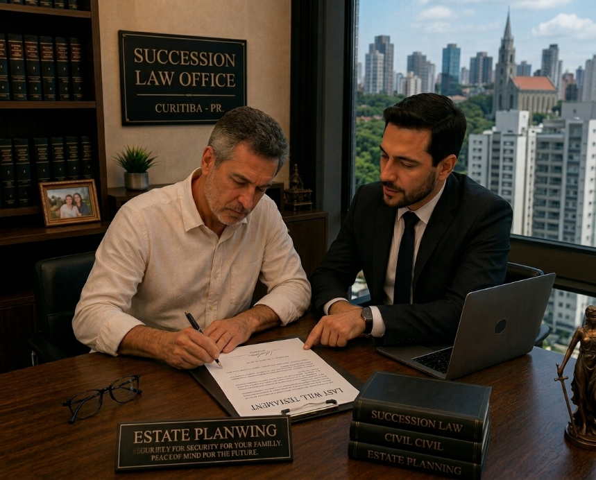 Pessoa organizando um testamento com orientação de advogado em Curitiba.