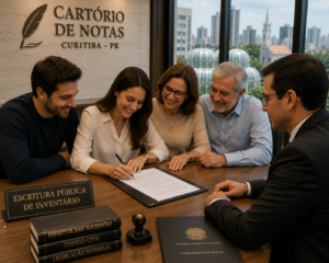 Família assinando escritura pública de inventário em cartório de Curitiba.