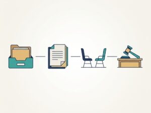 Infográfico ilustrando a sequência de uma ação revisional de alimentos: documentos, petição, audiência e decisão do juiz.
